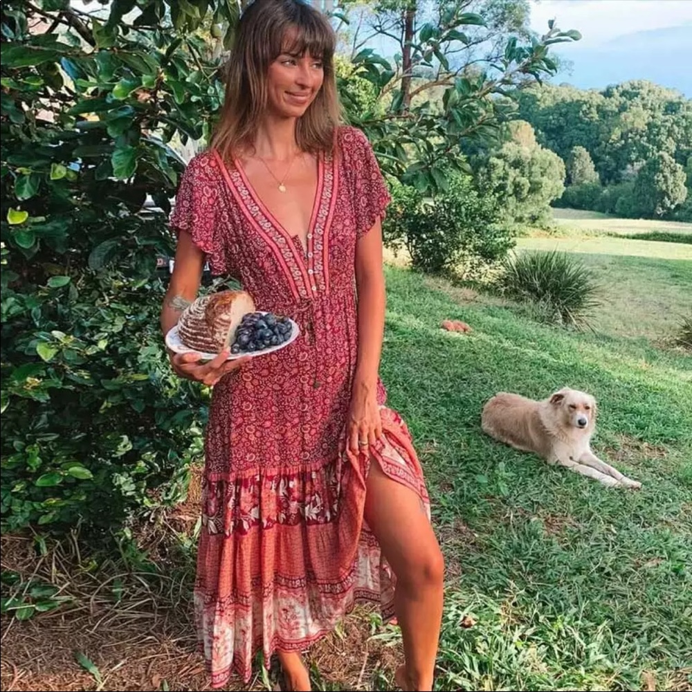 Boho Floral Gypsy Stripe Print Maxi Dress teal - Picture 13 of 16